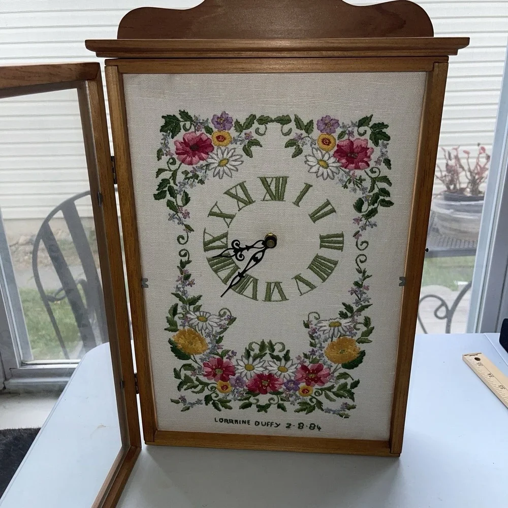 Hand Made Cross Stitch Clock In Wood Shadow Glass Box Plug-In 10.5